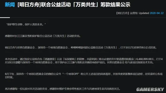 《明日方舟》公益联动「万类共生」筹得百万巨款